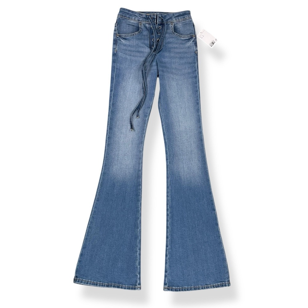 H&M Jeans Women Size 2 (22x31) Blue Flare High Rise‎ Tie NEW